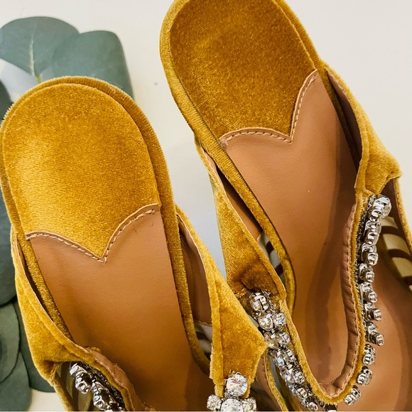 Faux Velvet Mustard Rhinestone Crystal Arch Heels Mules - Picture 4 of 10